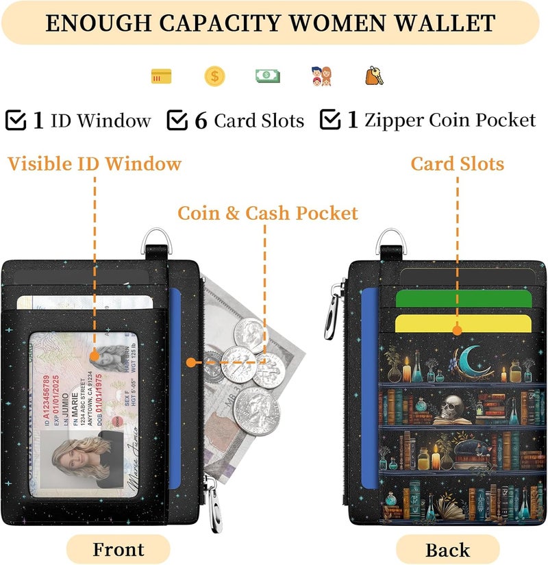 Hancynir Goth Bookshelf Skull Cat Wallet Women Credit Card Holder Funny Gothic RFID Blocking Small Card Wallets Mini Front Pocket PU Leather Thin Travel Zipper Coin Cash Ladies Female Wallet Gifts - Image 5